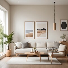 Minimalist Living Room Interior Design with Beige Sofa and Wooden Accents