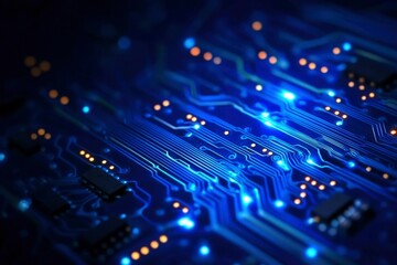 Blue circuit board close-up. Network data transfer. Electronic technology industry use