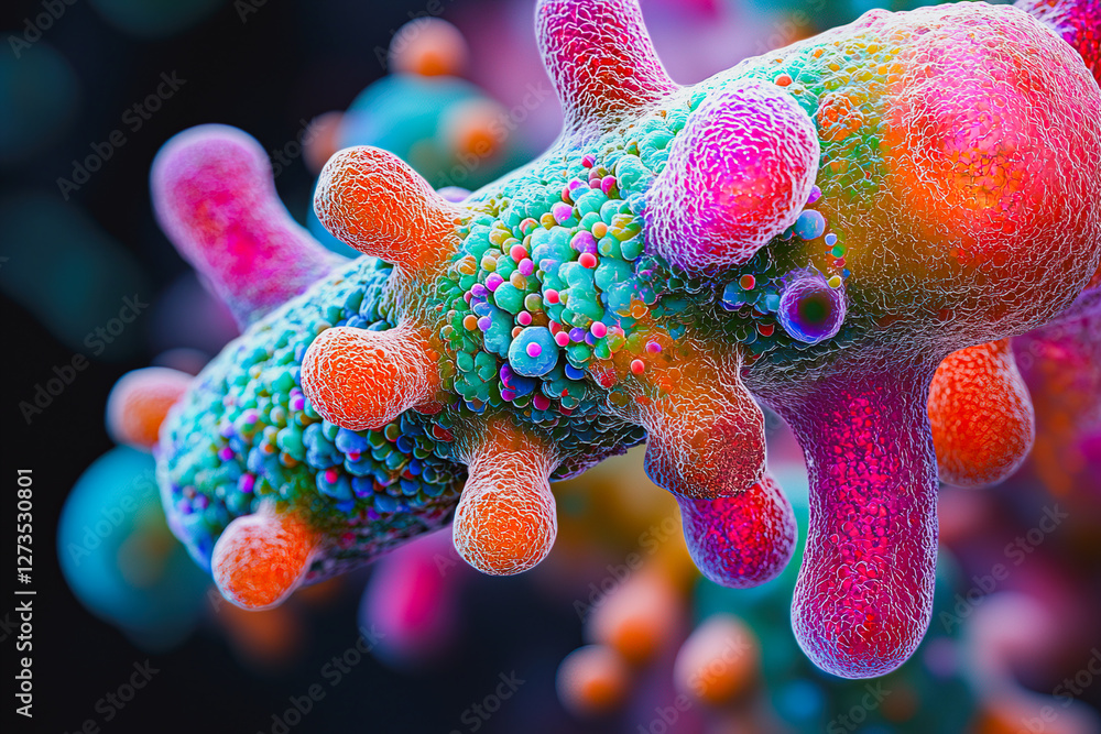 Poster vibrant microscopic view of a colorful bacteria under high magnification showcasing its intricate st