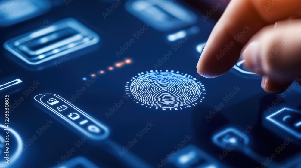 Poster digital security innovations fingerprint scanning technology modern office visual interface high-tec