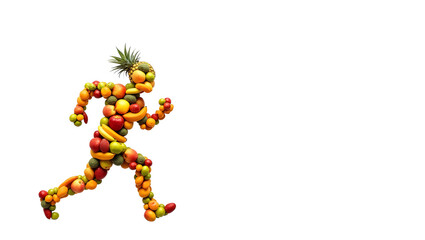 Fototapeta premium human body shape created using various fruits, with apple, pear, oranges and strawberry and vegetables on white background. Healthy