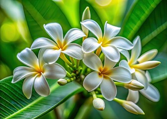 Obraz premium Delicate white Siamese Kracheaw blossoms, a macro close-up, contrasted against vibrant green leaves.