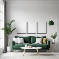 Modern Green Velvet Sofa in Minimalist Living Room Interior