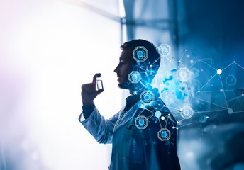 Shenzhen, China - Unknown Date : Scientist in lab coat analyzes vial with digital interface overlay, highlighting innovative research and technological advancement in bright setting.