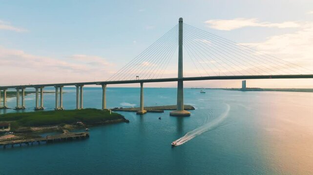 4K Aerial Perspective Cebu Cordova Bridge, Philippines.
Cebu-Cordova Link Expressway, a modern engineering marvel connecting Cebu Island and Mactan Island in the Philippines