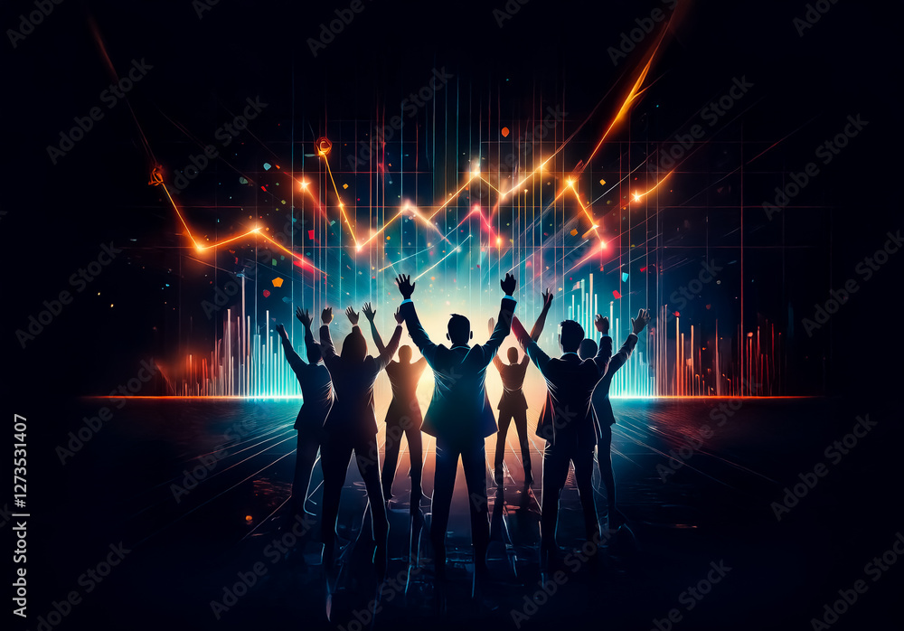 Poster shenzhen, china - unknown date : silhouetted team triumphantly raises arms against a backdrop of vib