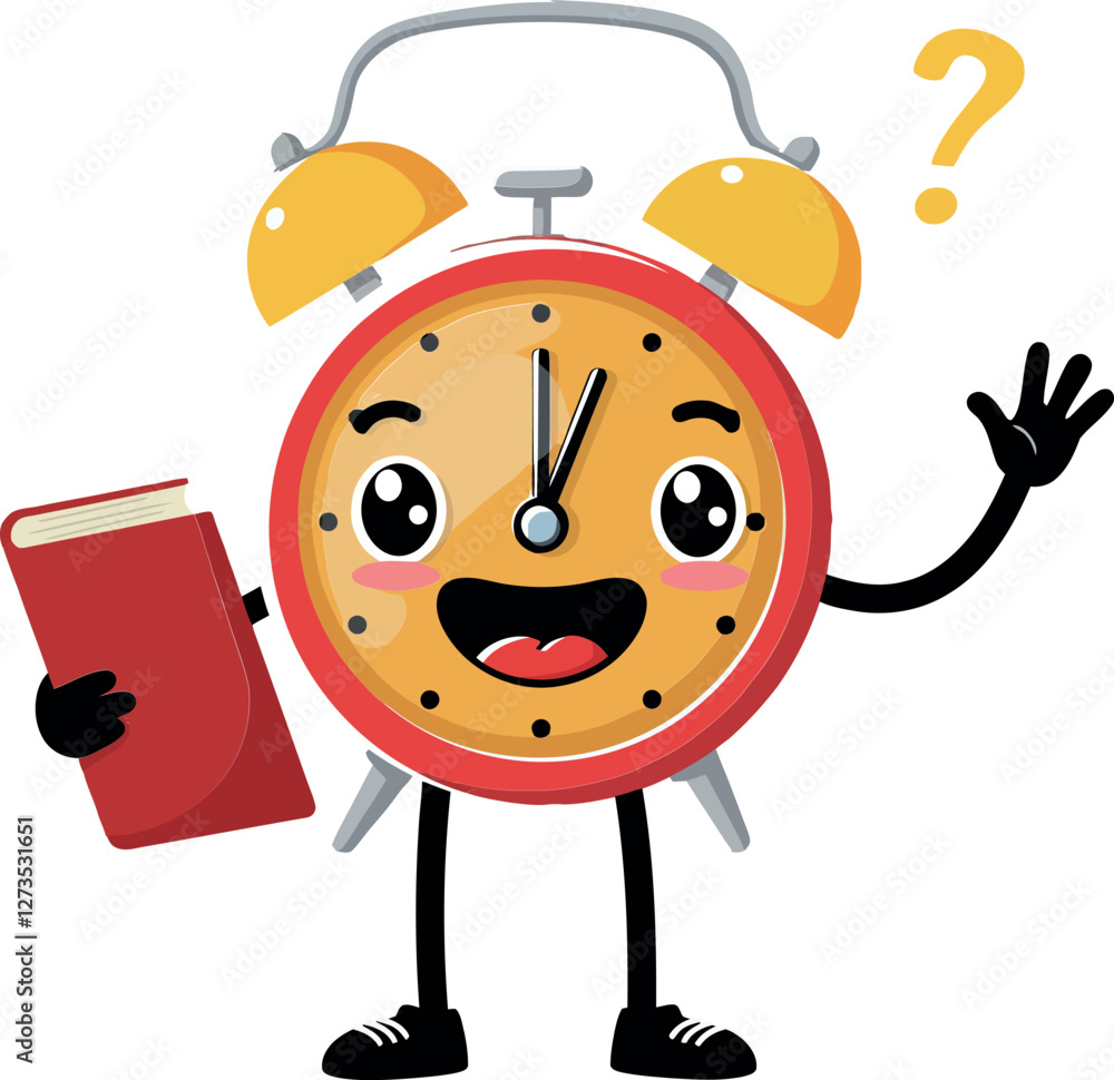 Aufkleber alarm clock character with book in flat vector art style