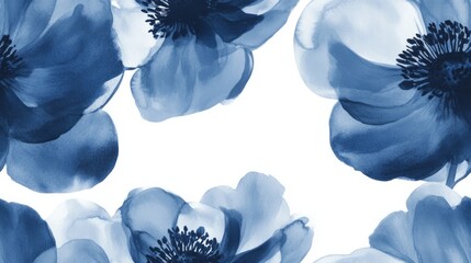 Seamless pattern with blue watercolor ink flowers. Artistic design with delicate flowing petals, evoking elegance and beauty