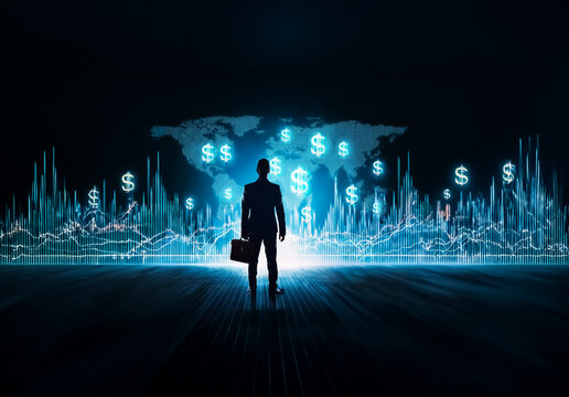 Shenzhen, China - Unknown Date : A businessman silhouette with a briefcase stands before a glowing world map with dollar signs.  Digital charts and lights suggest global finance and market analysis.