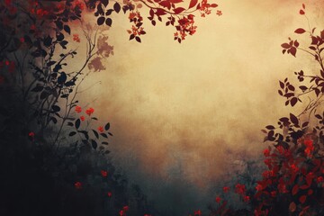 Red berries and dark leaves frame a hazy background.