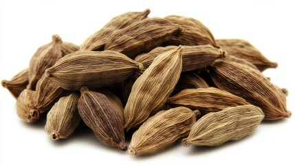 Fototapeta premium Cardamom elachi dry fragrant aromatic spice A pile of a Dry cardamom spice or cardamom pods on white background.v Cardamom seeds macro shot. 