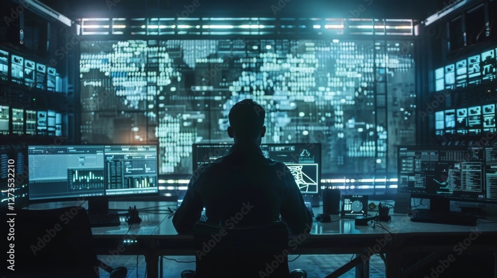 Poster intense focus on data analysis in a high-tech cyber control room with digital displays and analytics