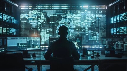 Intense focus on data analysis in a high-tech cyber control room with digital displays and analytics