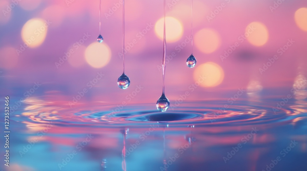 Poster water droplets fall creating ripples on the water surface