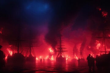 Obraz premium Burning ships on water at night create an eerie naval scene for history use
