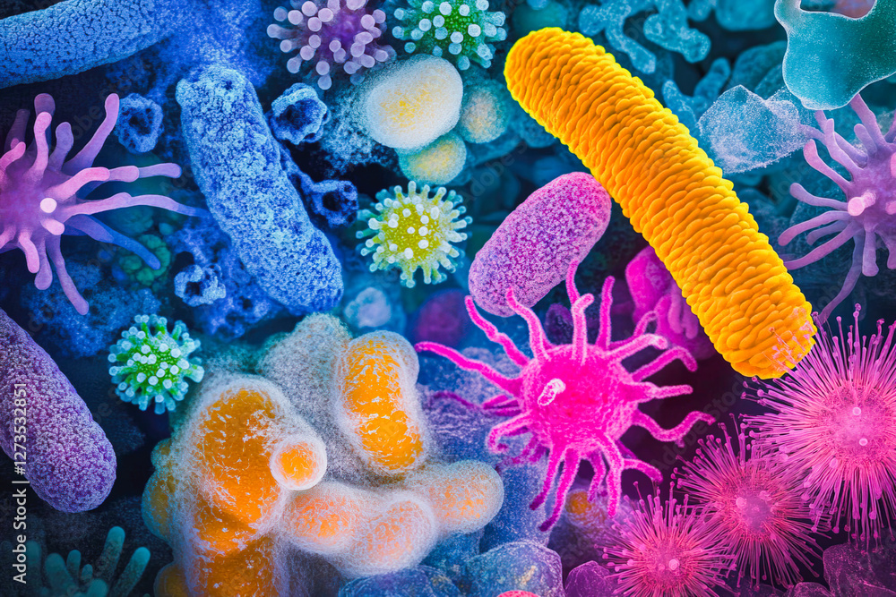 Poster colorful microscopic view of diverse microorganisms in an aquatic environment highlighting their uni