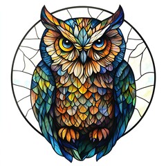 Naklejka premium a vibrant stained-glass owl with intricate details and colorful patterns, a beautiful decoration