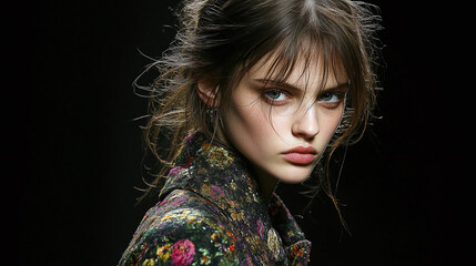 Portrait of a striking young woman with captivating gaze, floral coat. Dark background highlights her intense expression and unique beauty. Fashion photography.