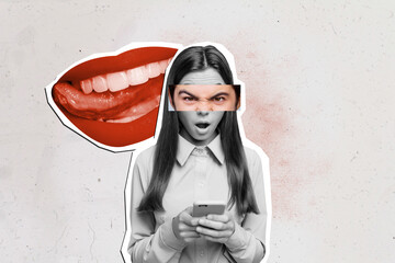 3D collage poster template trend artwork sketch of silhouette mouth lipstick tongue flirty young...