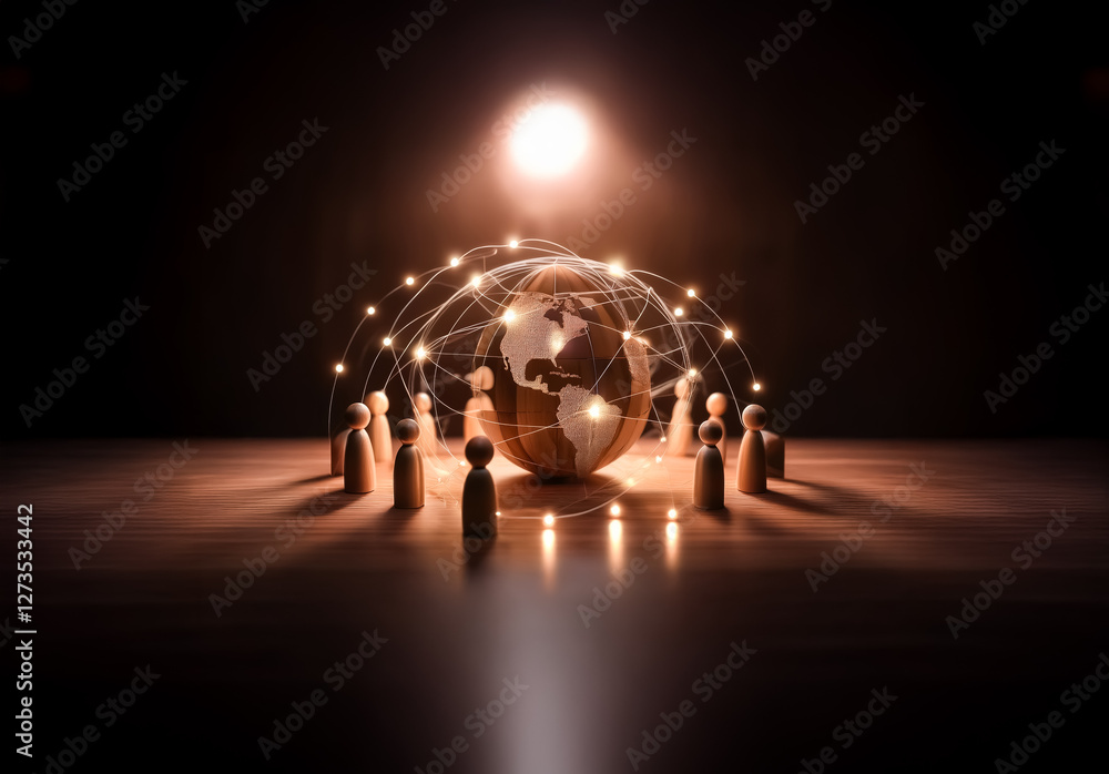Aufkleber Shenzhen, China - Unknown Date : A glowing globe at the center, abstract figures linked by light trails encircle it, all spotlighted on a dark stage. Global connection concept visualized.
