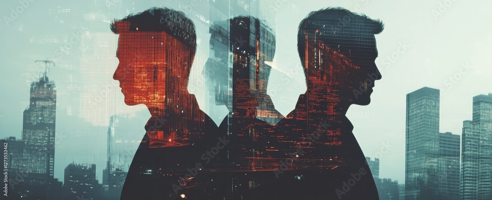 Poster a double exposure image showing silhouettes of two men against a backdrop of urban architecture, sym