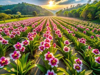 Obraz premium Drone captures vibrant Miltoniopsis orchids in full bloom, a breathtaking aerial plantation view.