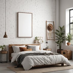 Bohemian Bedroom Interior with Blank Canvas Mockup