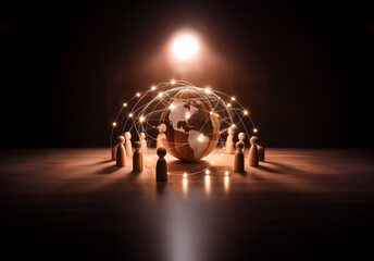 Shenzhen, China - Unknown Date : A glowing globe at the center, abstract figures linked by light trails encircle it, all spotlighted on a dark stage. Global connection concept visualized.