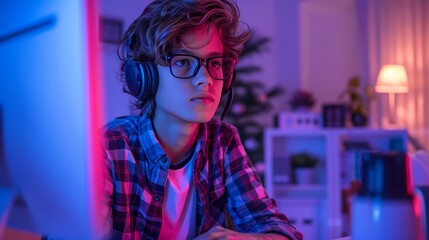 Young boy engaged in e learning with headphones and glasses in a modern classroom environment