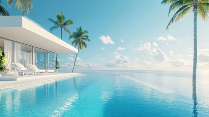 A serene modern villa by a tranquil pool, surrounded by palm trees and a clear blue sky, creating a perfect tropical paradise.