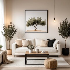 Modern Living Room Interior with Olive Tree Artwork and Neutral Decor
