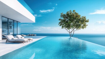 Fototapeta premium A luxurious infinity pool overlooking the ocean, featuring modern lounge chairs and a solitary tree, under a clear blue sky.