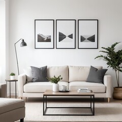 Modern Minimalist Living Room Interior with Neutral Tones and Lake Landscape Prints