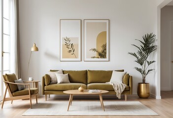 Modern Living Room Interior with Mustard Yellow Sofa and Gold Accents