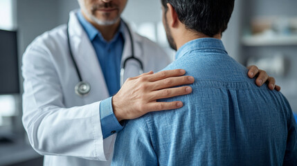 Fototapeta premium Doctor placing hand on patient shoulder, showing care and support