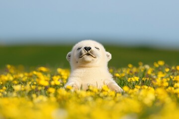 Seal pup resting in a field with yellow flowers. Background is out of focus