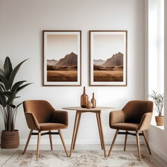 Modern Minimalist Living Room Interior with Mountain Landscape Prints