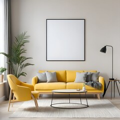 Modern Living Room Interior with Yellow Sofa and Blank Frame