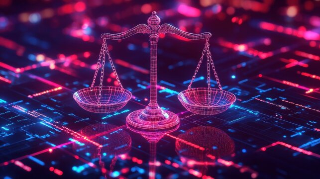 A digital representation of scales of justice, glowing in vibrant pink and blue hues against a futuristic, tech-inspired background.