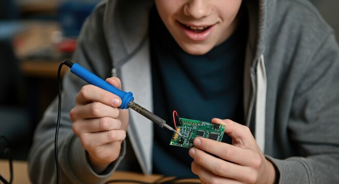 Young male soldering circuit board in workspace