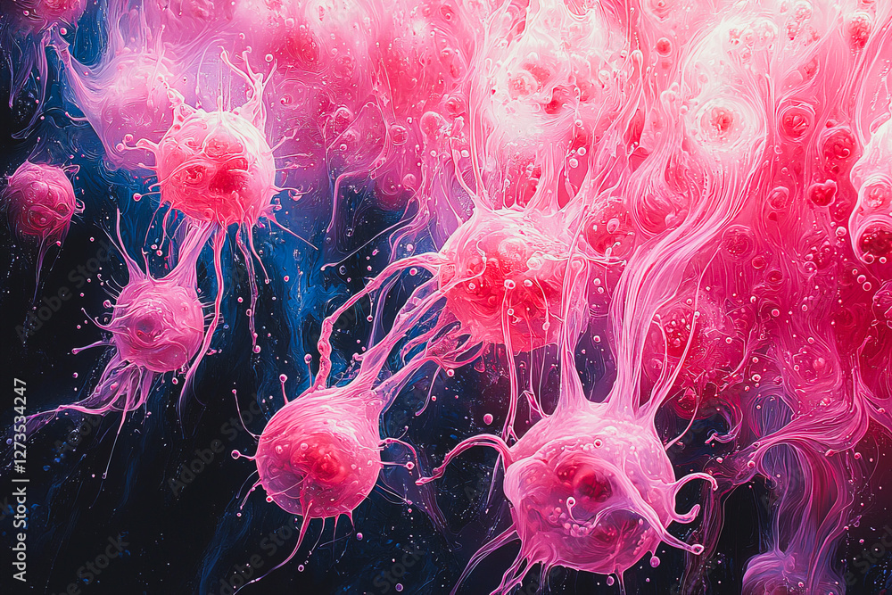 Poster intricate pink and blue cellular structures floating in a dark ocean-like background at a microscopi