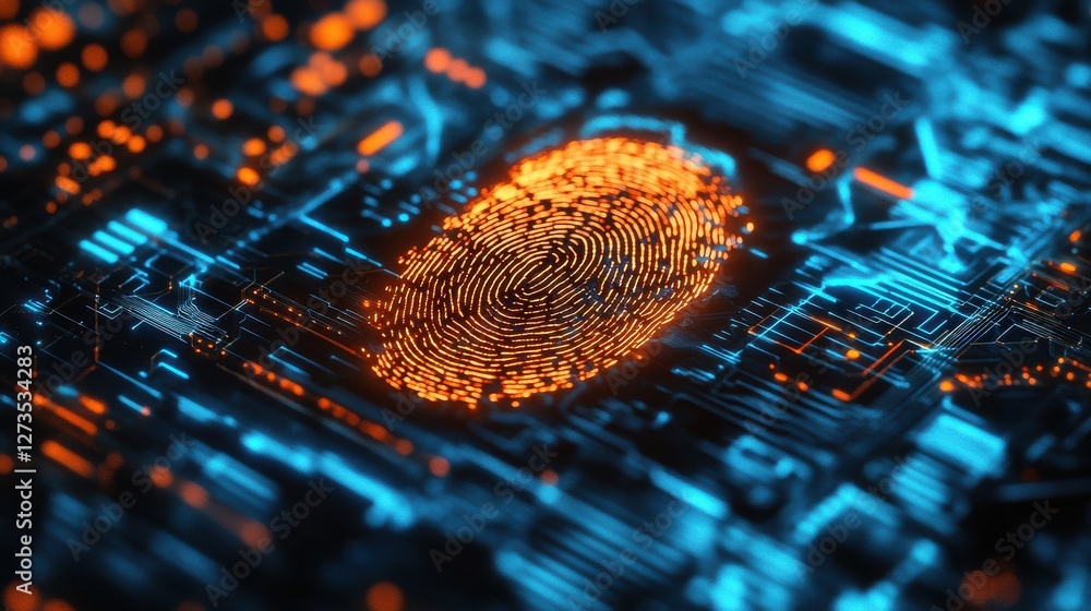 Poster a glowing fingerprint is displayed on a circuit board background, representing biometric security an
