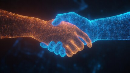 Futuristic wireframe hands in digital handshake symbolizing technology and trust