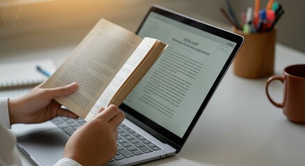Obraz premium Person reading book and using laptop at desk, studying or working