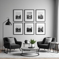 Modern Living Room Interior with Black and White Cityscape Artwork