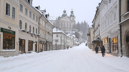 Snowy street scene with historic architecture and a landmark church in the background, creating a serene winter landscape.