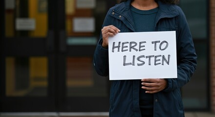 Person holding "Here to listen" sign, promoting support and empathy