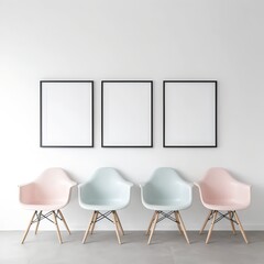Minimalist Waiting Area with Pastel Chairs and Blank Frames
