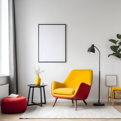 Modern Living Room Interior with Yellow and Red Armchair