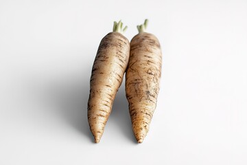 Vibrant Orange Carrots: Fresh, Crisp, and Ready to Use. Perfect for healthy recipes, vibrant salads, and delicious side dishes. These two plump carrots stand out against a clean white background,     